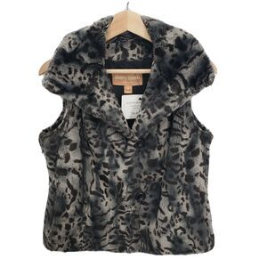 Sherry Cassin Womens Faux Fur Vest Snow Leopard Animal Print Size Small